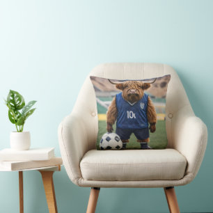 "Goal-Getter: A Highland Cow Dressed for Soccer" Throw Pillow