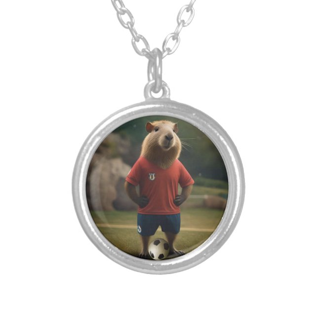 "Goal Getter: The Soccer Star Capybara" Silver Plated Necklace (Front)