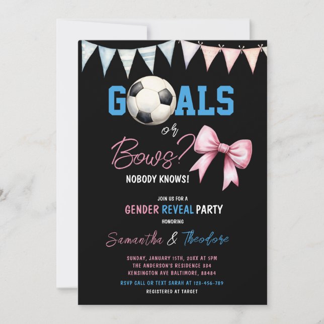 Goals or Bows Boy or Girl Soccer Gender Reveal Invitation (Front)