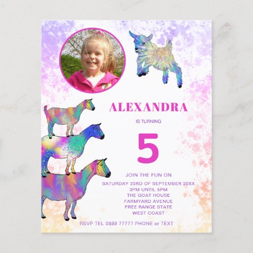 Goat 5th Birthday Photo Pink Budget Invitation Flyer