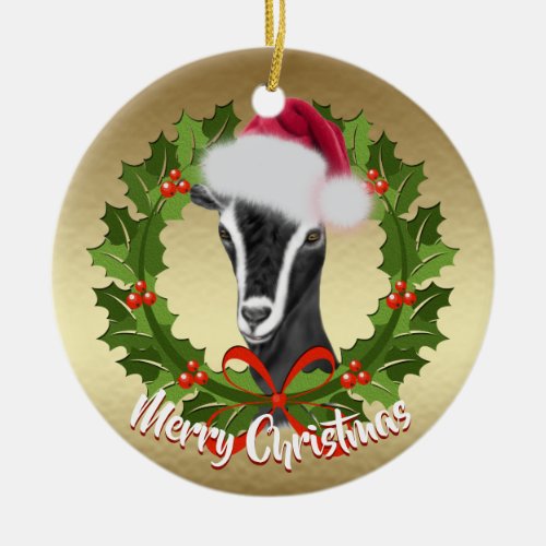 GOAT Alpine Dairy Goat Doe Santa Hat Christmas Ceramic Ornament