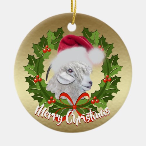 GOAT Angora Goat Doe Santa Hat Christmas Ceramic Ornament