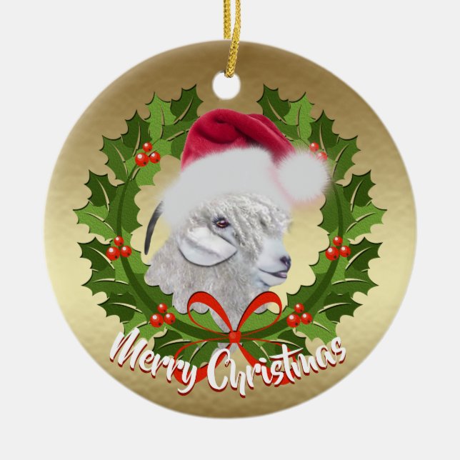 GOAT Angora Goat Doe Santa Hat Christmas Ceramic Ornament (Front)