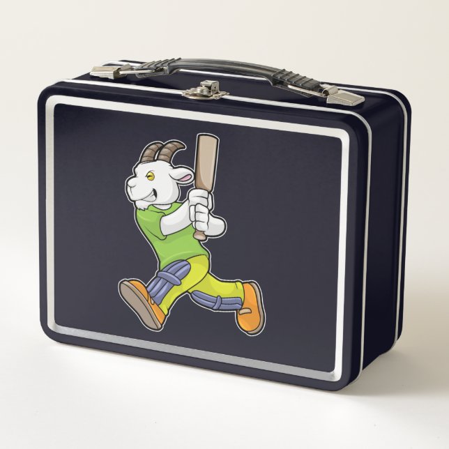 Goat as Batsman with Cricket bat Metal Lunch Box (Front)