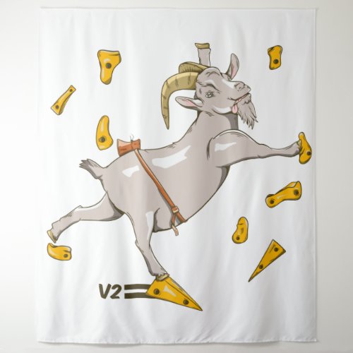 Goat bouldering on climbing wall tapestry