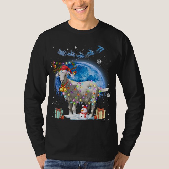 Goat Christmas Lights Blue Moon Gift X-mas Santa H T-Shirt (Front)