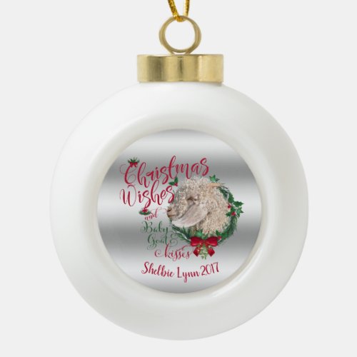 GOAT  Christmas Wishes Baby Goat Kisses Angora Ceramic Ball Christmas Ornament