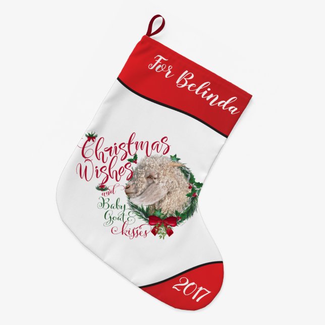 GOAT | Christmas Wishes Baby Goat Kisses Angora Large Christmas Stocking (Front (Hanging))