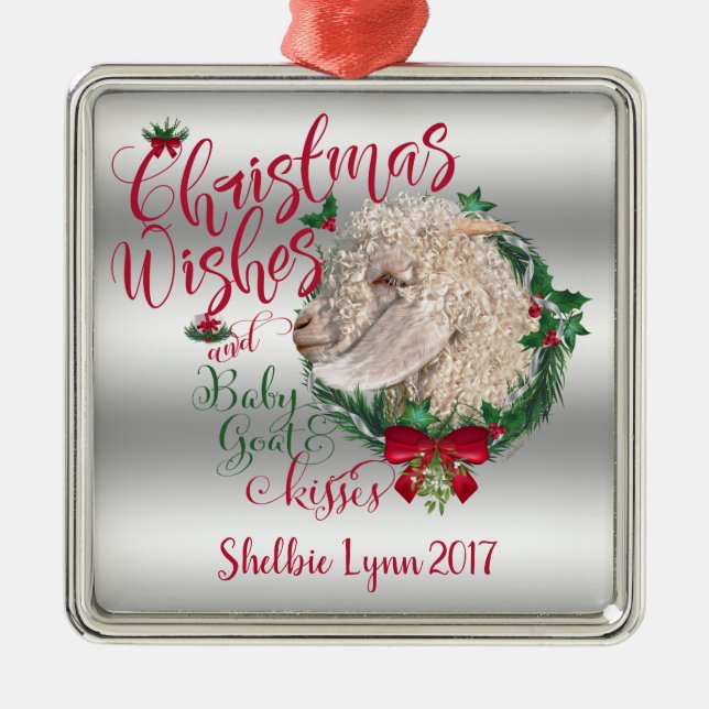 GOAT | Christmas Wishes Baby Goat Kisses Angora Metal Ornament (Front)