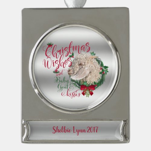 GOAT  Christmas Wishes Baby Goat Kisses Angora Silver Plated Banner Ornament