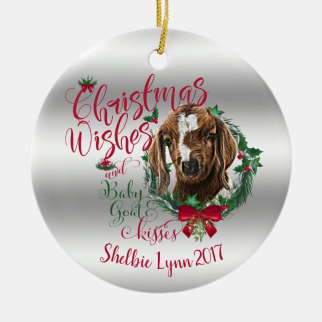 GOAT | Christmas Wishes Baby Goat Kisses Boer Ceramic Ornament (Front)