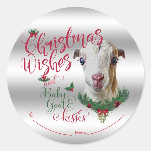 GOAT | Christmas Wishes Baby Goat Kisses LaMancha Classic Round Sticker (Front)