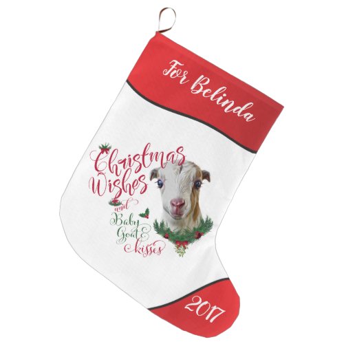 GOAT  Christmas Wishes Baby Goat Kisses LaMancha Large Christmas Stocking