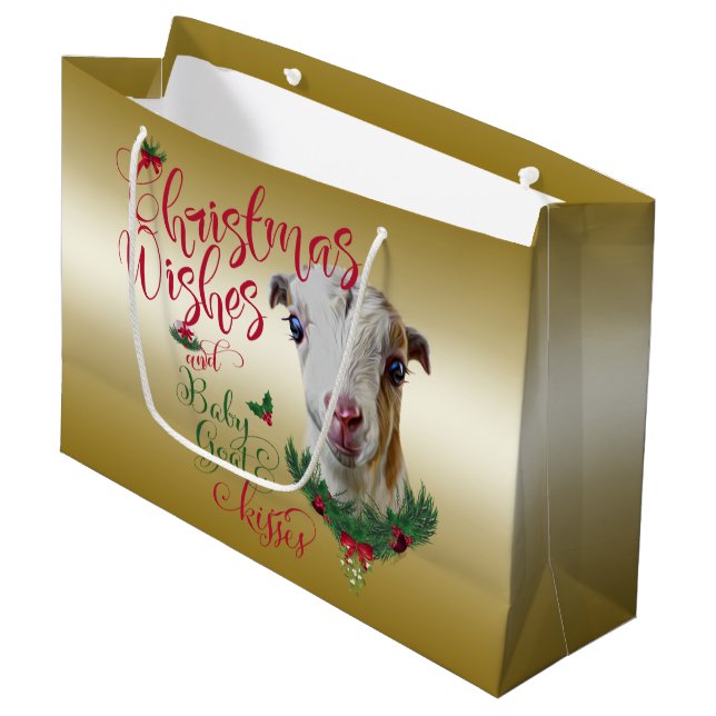 GOAT |Christmas Wishes Baby Goat Kisses LaMancha Large Gift Bag (Front Angled)