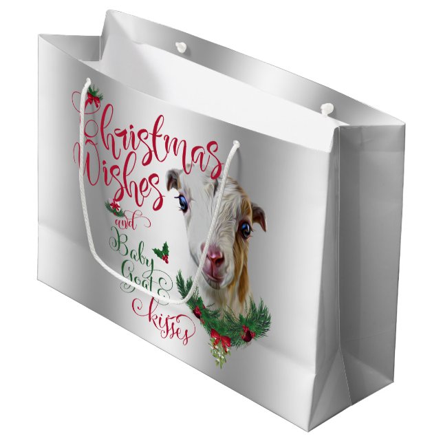GOAT |Christmas Wishes Baby Goat Kisses LaMancha Large Gift Bag (Front Angled)