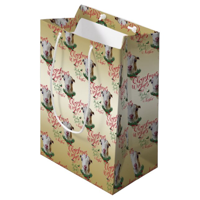 GOAT | Christmas Wishes Baby Goat Kisses LaMancha Medium Gift Bag (Front Angled)