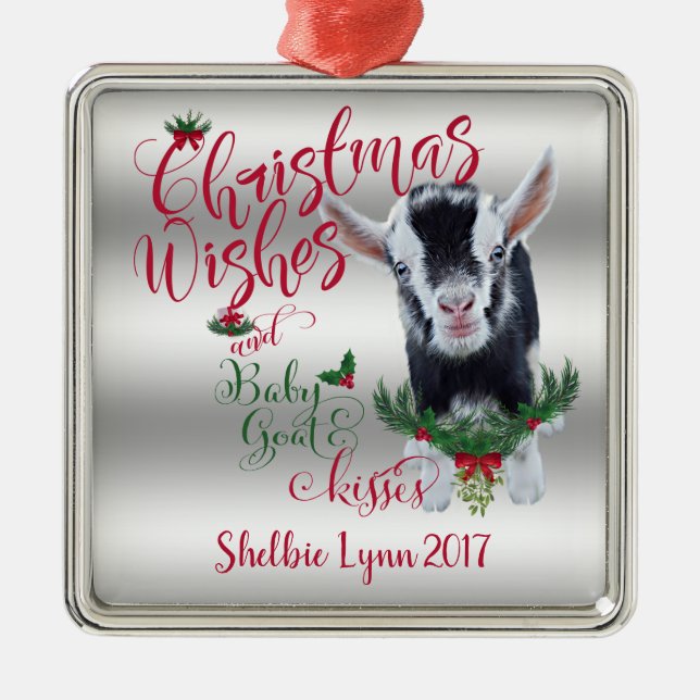 GOAT | Christmas Wishes Baby Goat Kisses Nigerian Metal Ornament (Front)