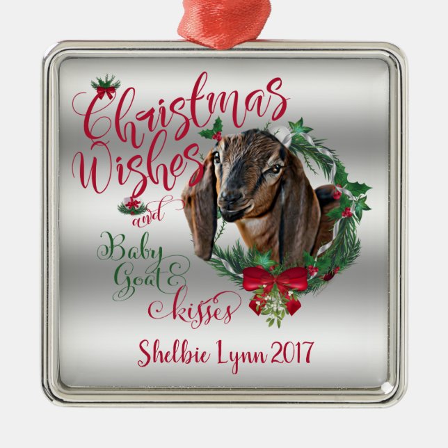 GOAT | Christmas Wishes Baby Goat Kisses Nubian 2 Metal Ornament (Front)