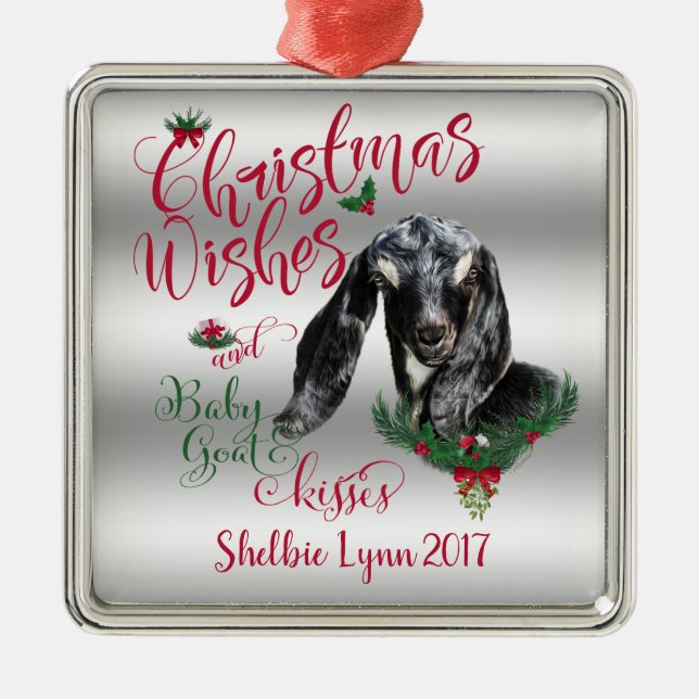 GOAT | Christmas Wishes Baby Goat Kisses Nubian Metal Ornament (Front)
