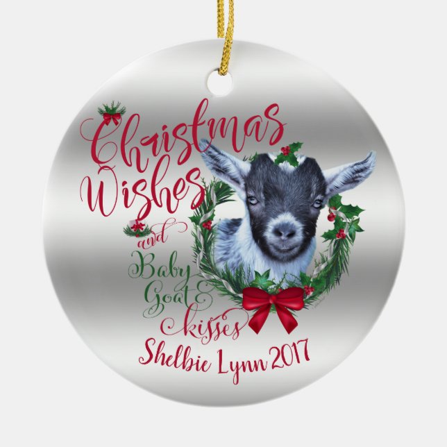 GOAT | Christmas Wishes Baby Goat Kisses Pygmy Ceramic Ornament (Front)
