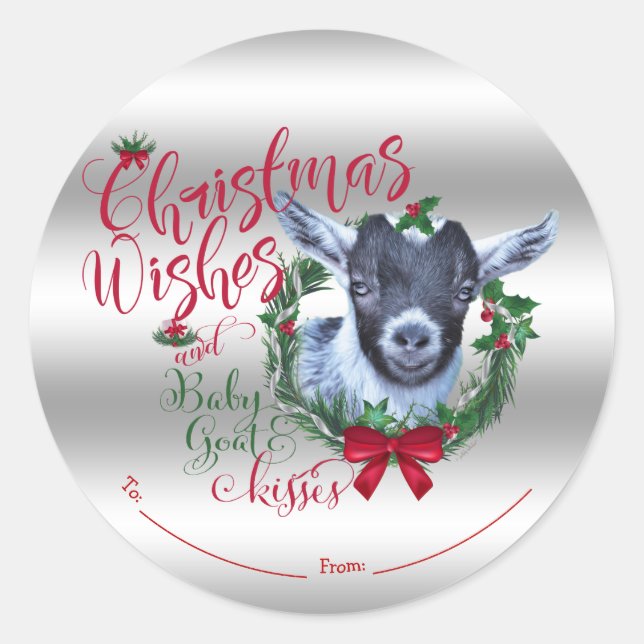GOAT | Christmas Wishes Baby Goat Kisses Pygmy Classic Round Sticker (Front)