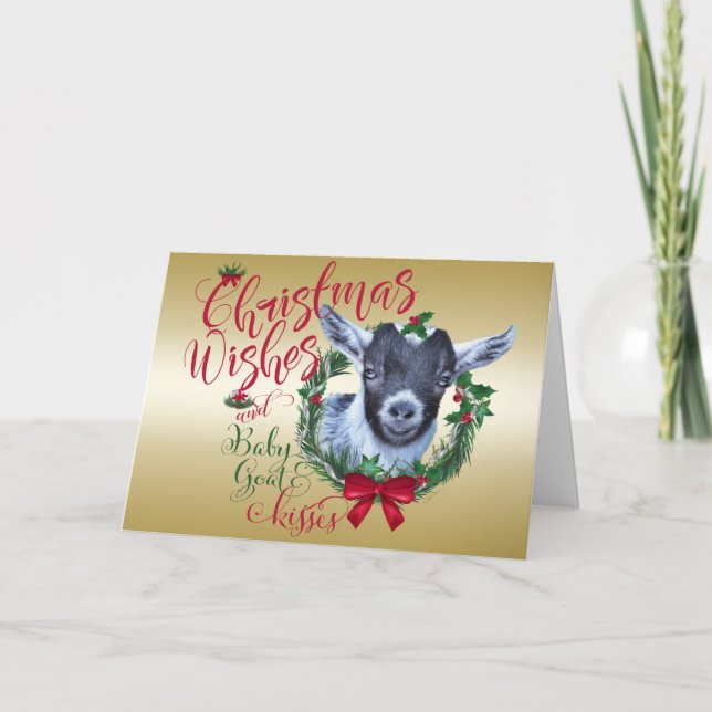 GOAT | Christmas Wishes Baby Goat Kisses Pygmy Holiday Card (Front)