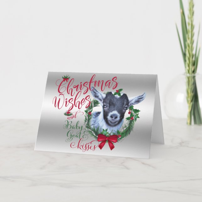 GOAT | Christmas Wishes Baby Goat Kisses Pygmy Holiday Card (Front)
