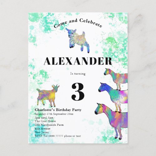 Goat Colorful 3rd Birthday Party Invitation Postcard