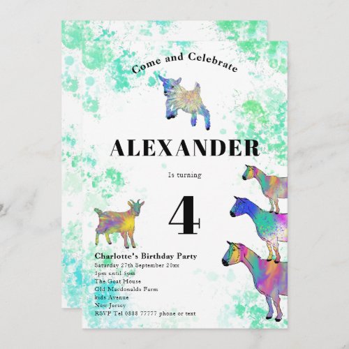 Goat Colorful Watercolor Birthday Party Invitation