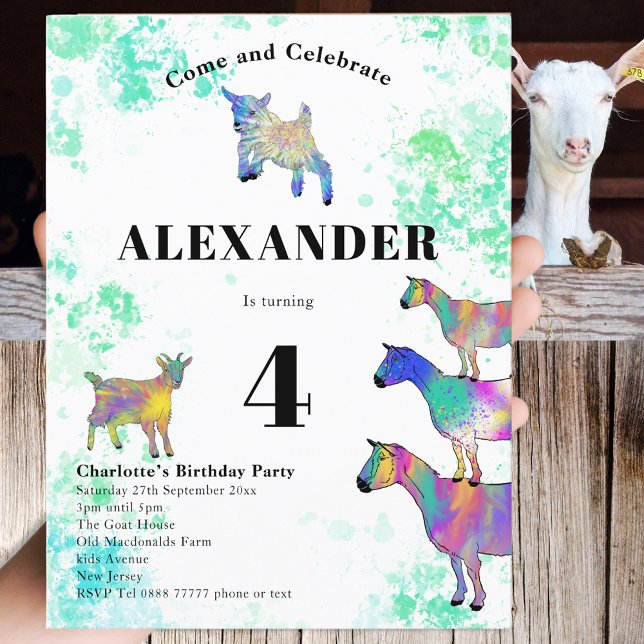 Goat Colorful Watercolor Birthday Party Invitation Postcard (Farm goat colorful watercolor 4th birthday party postcard invitation )