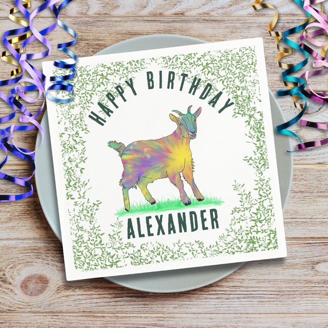 Goat Farm Animal Happy Birthday add Name Napkins (Baby goat farm animal birthday party custom paper plate cute goat animal art and foliage watercolor )