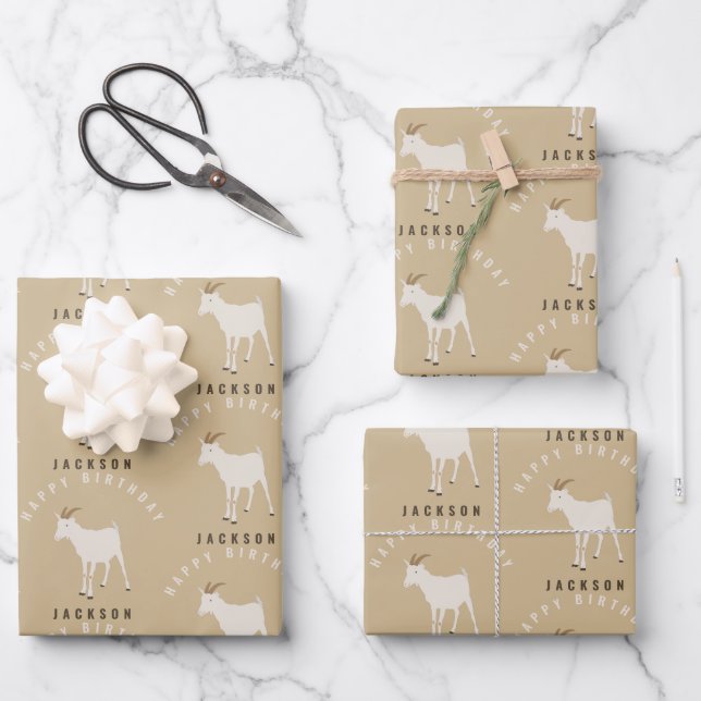Goat Farm Animal Pattern Custom Birthday Name Wrapping Paper Sheets (Front)