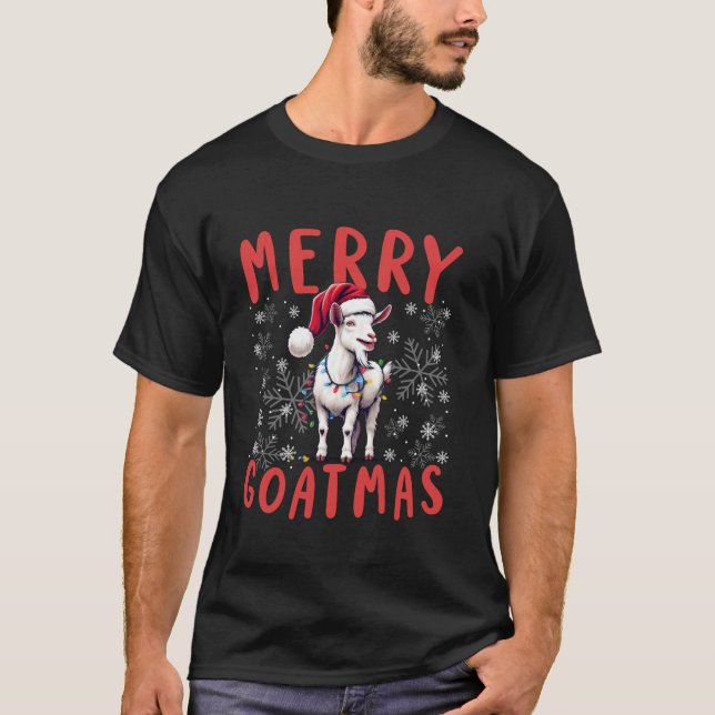 Goat Funny Merry Goatmas Snowflakes Santa Hat Ligh T-Shirt (Front)