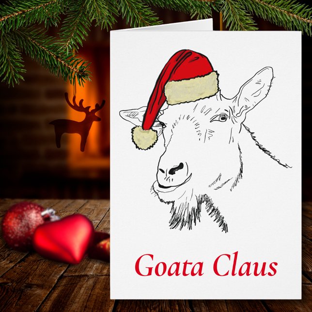 Goat Funny Santa Slogan and Drawing Cards (Christmas goat wearing a Santa hat funny Goata Claus farm animal line art holiday greetings card)