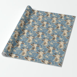 Goat Heads & Flowers on Blue Wrapping Paper