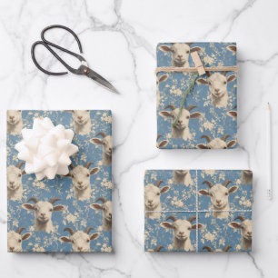 Goat Heads & Flowers on Blue Wrapping Paper Sheets