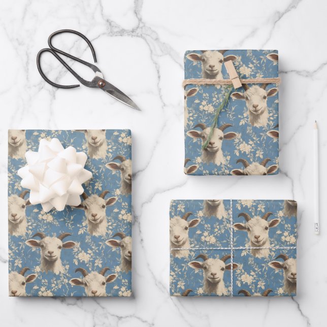 Goat Heads & Flowers on Blue Wrapping Paper Sheets (Front)