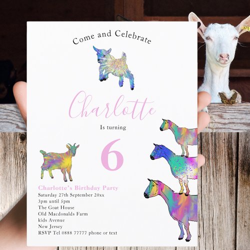 Goat kids Birthday Party Pink Invitation Postcard