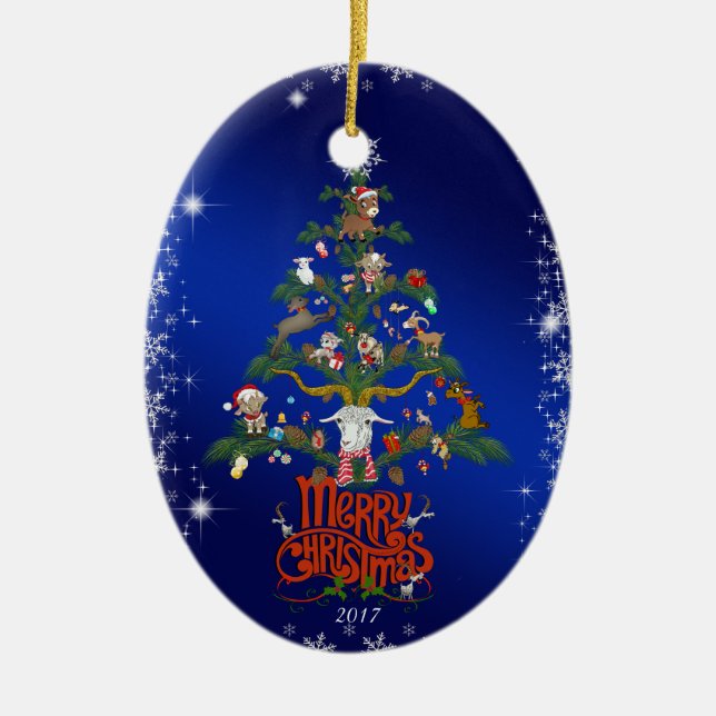 GOAT LOVERS Merry Christmas Goat tree Ceramic Ornament (Front)