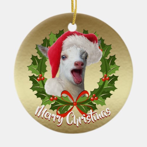 GOAT Nigerian Dwarf  Kid Santa Hat Christmas Ceramic Ornament