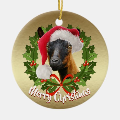 GOAT Oberhasli Dairy Goat Doe  Santa Hat Christmas Ceramic Ornament