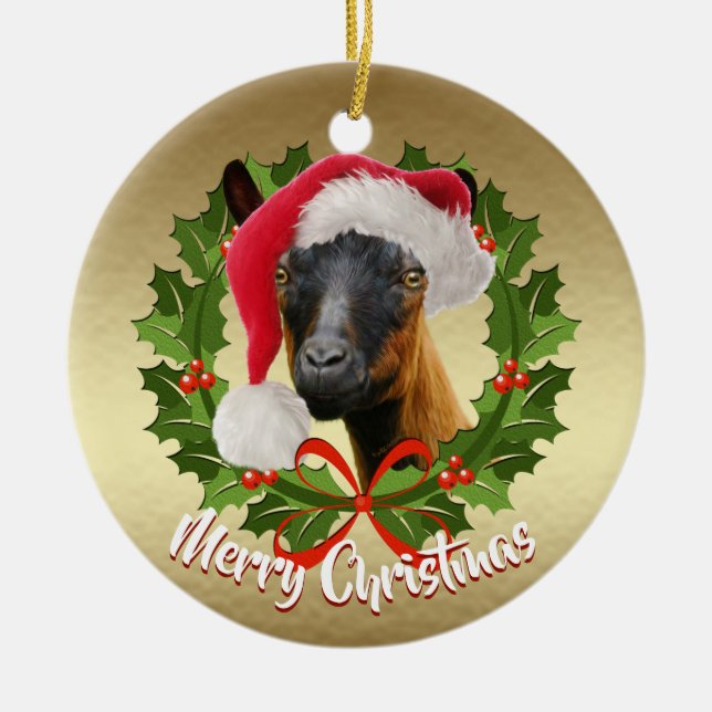 GOAT Oberhasli Dairy Goat Doe  Santa Hat Christmas Ceramic Ornament (Front)