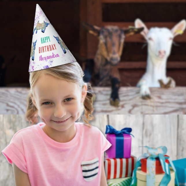 Goat Personalized Birthday Party Party Hat (Cute goat colorful farm animal art happy birthday custom name paper hat watercolor splash any age)