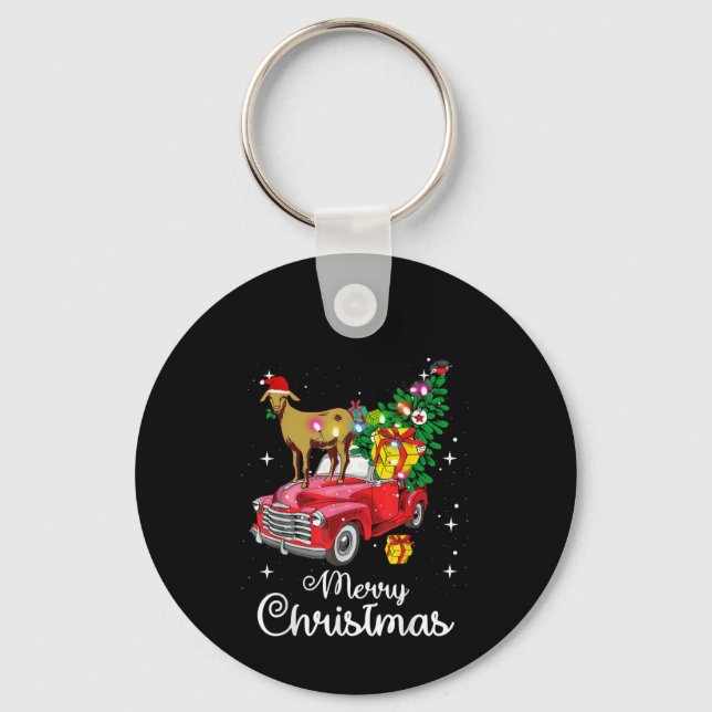 Goat Rides Red Car Christmas Keychain (Front)