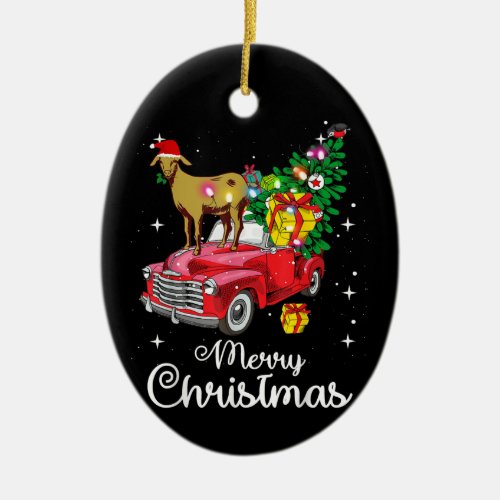 Goat Rides Red Truck Christmas Pajama Ceramic Ornament