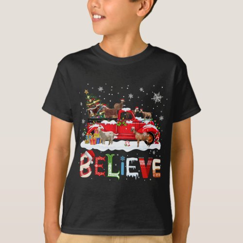 Goat Riding Red Truck Christmas Tree Believe Santa T_Shirt