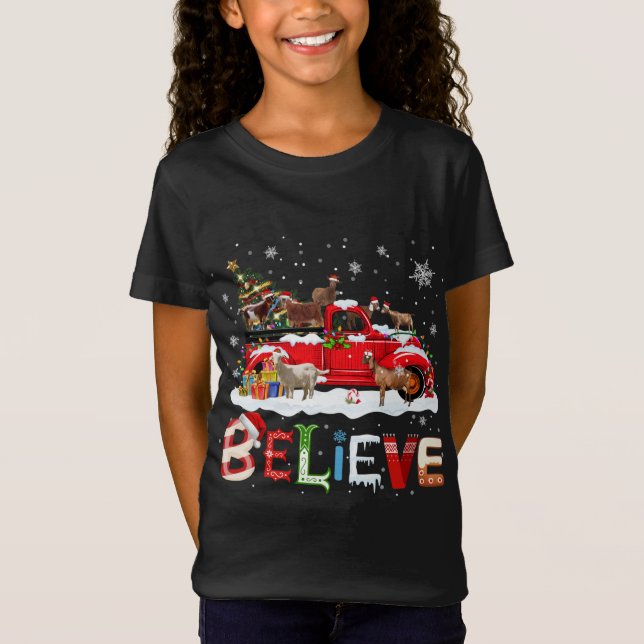 Goat Riding Red Truck Christmas Tree Believe Santa T-Shirt (Front)