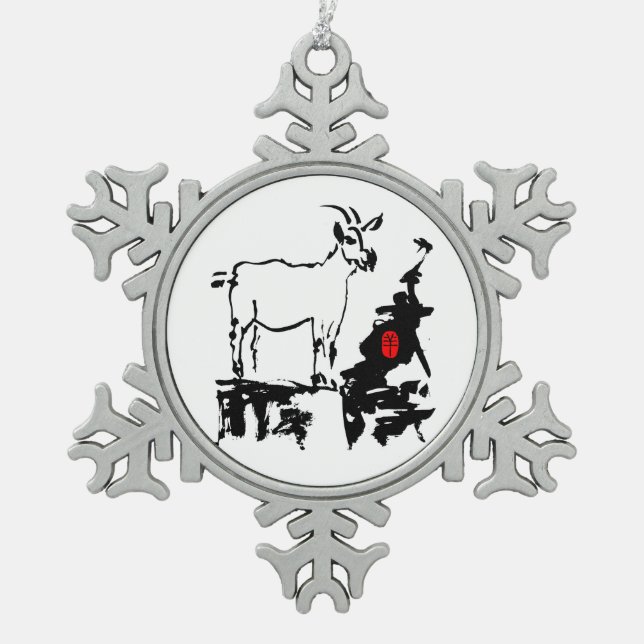 Goat rocks Lunar Vietnamese New Year O Snowflake Pewter Christmas Ornament (Front)