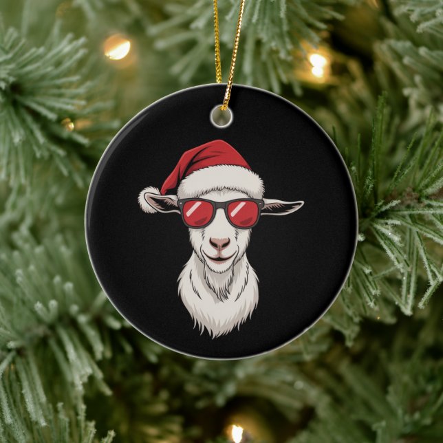 Goat Santa Hat Funny Cute Farm Animal Farmer Xmas Ceramic Ornament (Tree)