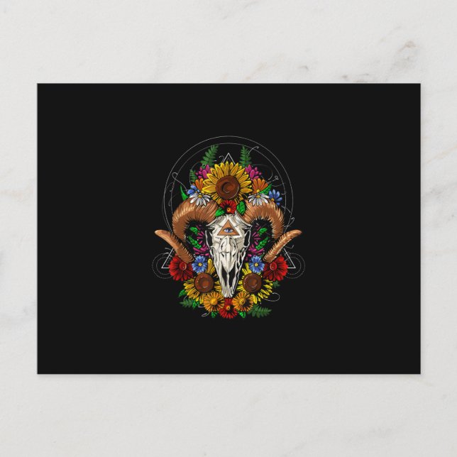 Goat Skull Psychedelic Sunflowers Announcement Postcard (Front)